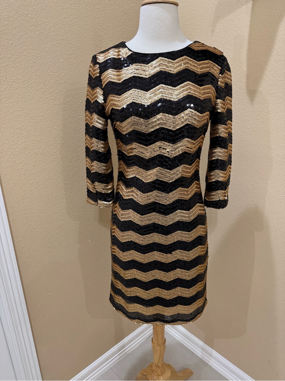 Gianni Bini Black and Gold Chevron Sequin Dress